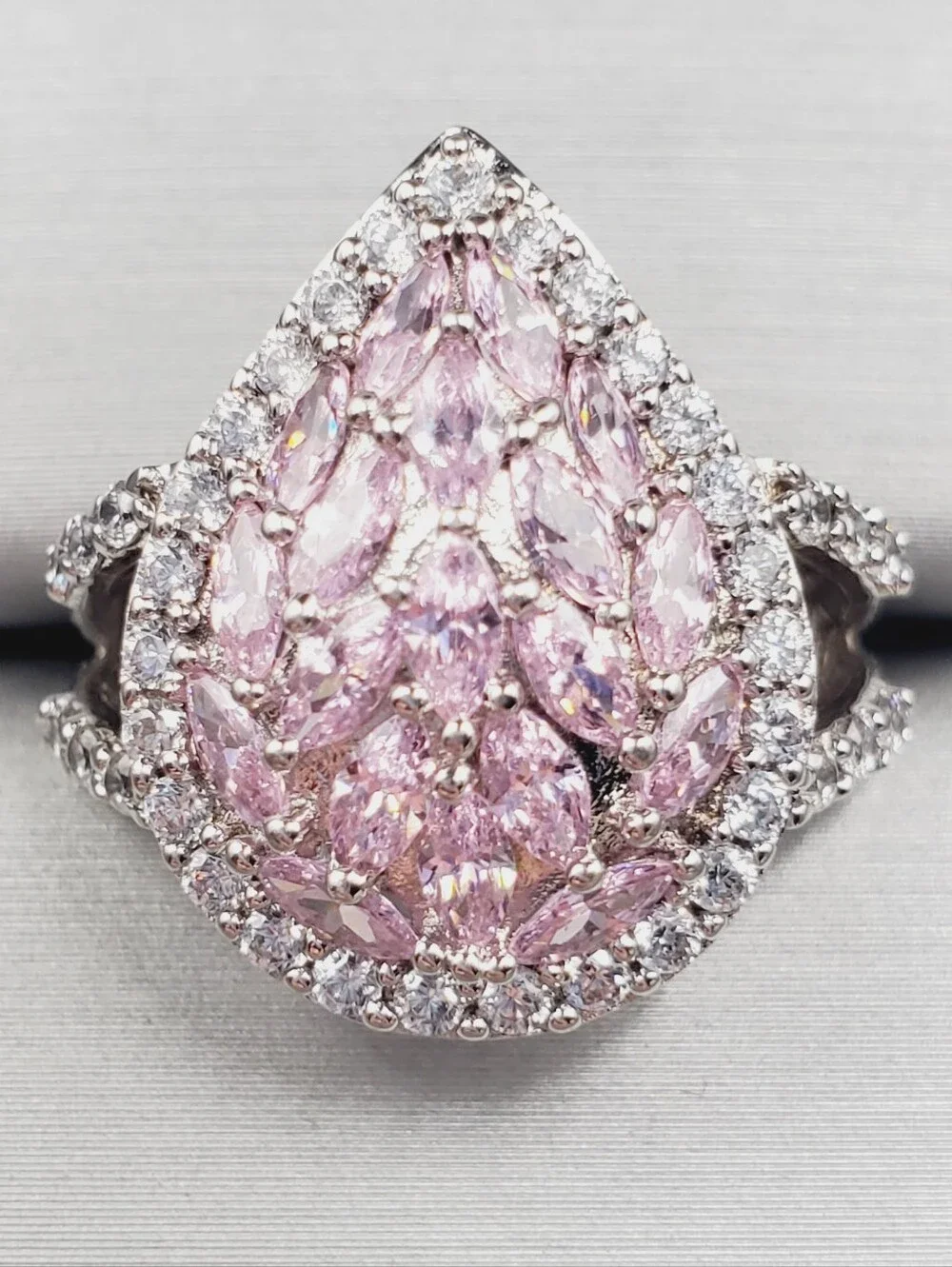 Pink Ice Teardrop Cluster Halo Ring - 925 Sterling Silver